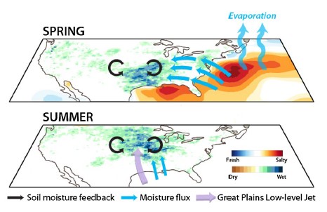 Schematic figure illustrating the soil moisture mechanism bridging the 3-month time lag between springtime SSS anomaly and summer precipitation in the U.S. Midwest: in the western North Atlantic, higher springtime salinities are an indicator of enhanced moisture export onto the continental U.S. which converges in the South. This greatly increases soil moisture there, allowing for enhanced evaporation and leading to more atmospheric convection on land (upper panel). The intensified convection on land draws in more moisture from the Gulf of Mexico and leads to the enhancement of the Great Plains Low Level Jet, which carries moisture to the upper Midwest in summer (bottom panel).